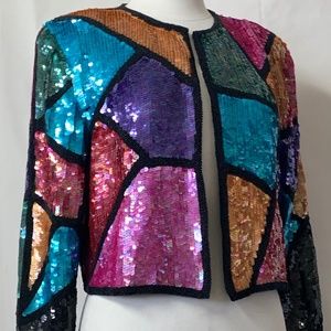 Vintage 80s/90s SCARLET RAGE Sequin Cropped Jacket Size M Multicolour SILK